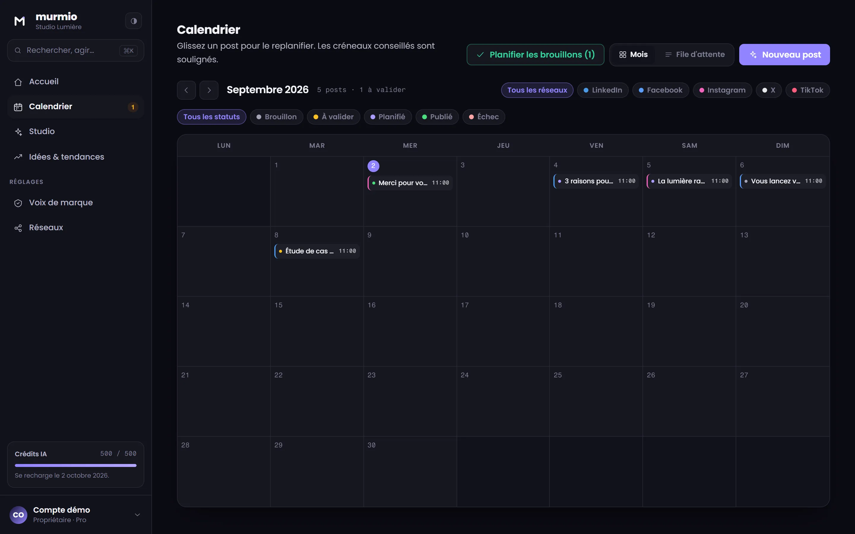 Calendrier éditorial de Murmio (données de démonstration)